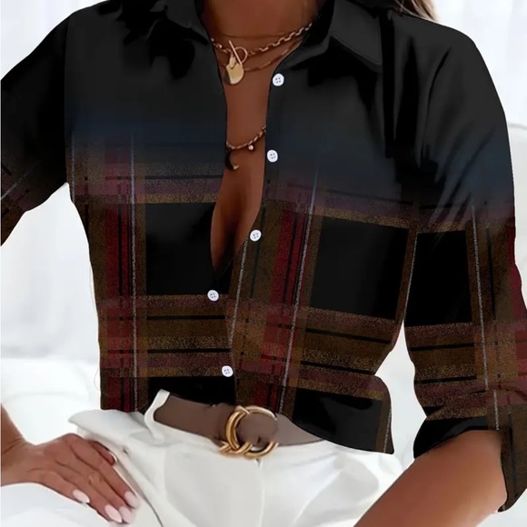 scorpioQ Tops - Plaid Black Button Up Long Sleeve Short Lapel Collar Top